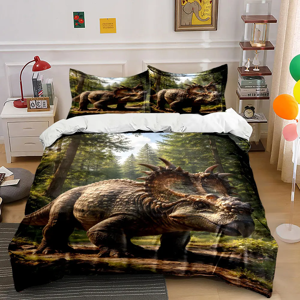 Triceratops walking in the forest Printed Duvet Cover Set 1 Duvet Cover+2 Pillowcase Multi Size Bedroom Bedding Decoration