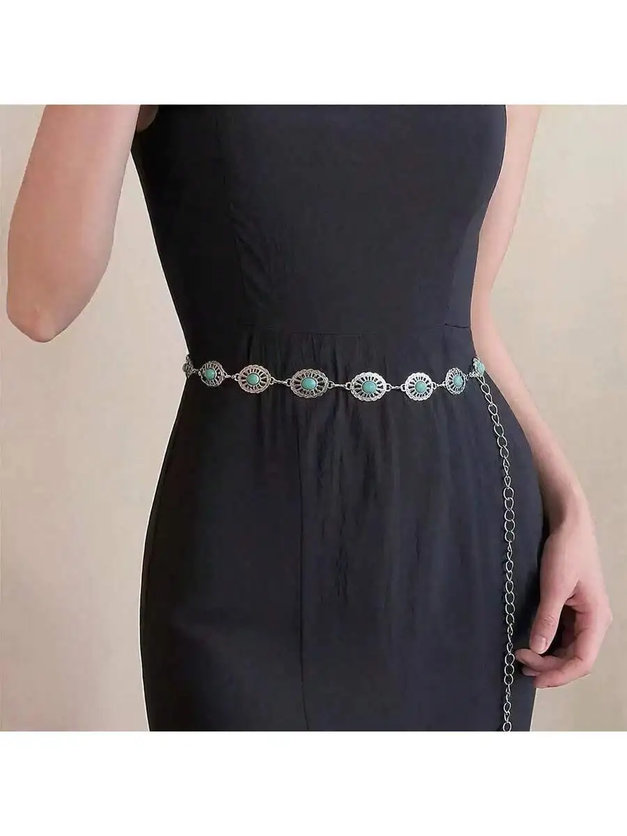 Turquoise & Agate Inlaid Chain Fashion Waist Chain, Women's Decorative Thin Waist Belt For Dress, European & American