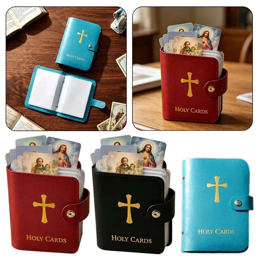 PU Leather Prayer Card Holder 40 Slots Compact Mini Saints Cards Wallet Snap Closure Wear-resistant Holy Card Booklet Travel