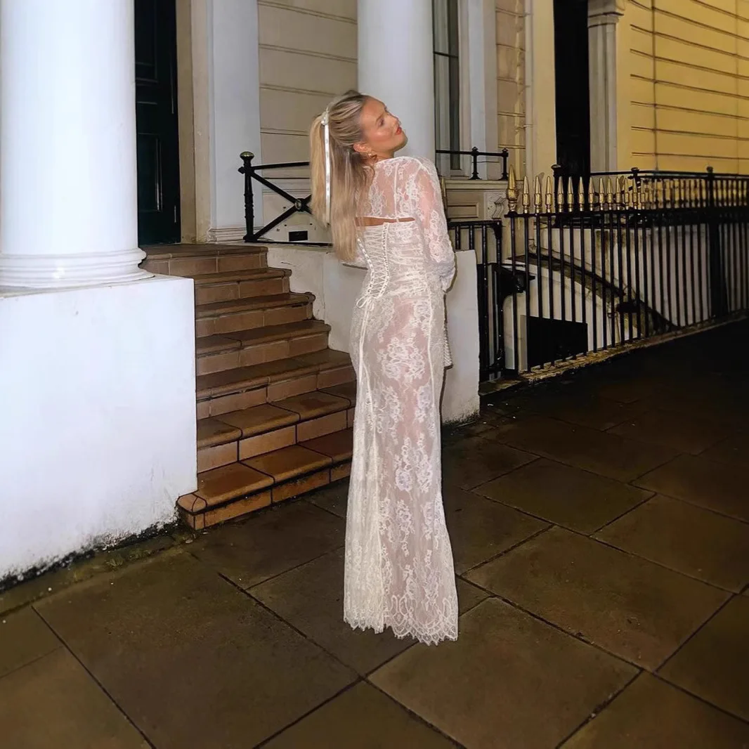 Vestido maxi de renda branca sexy, decote quadrado, vestido de noite fino, outono, design elegante, roupas femininas vintage, vestido de verão