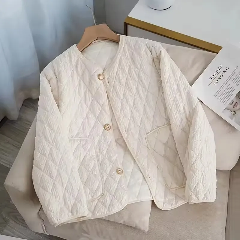 Women Cotton Padded Jacket Solid Casual Loose Lightweight Collarless Parkas 2025 Autumn Long Sleeve Quilted Outerwear Female