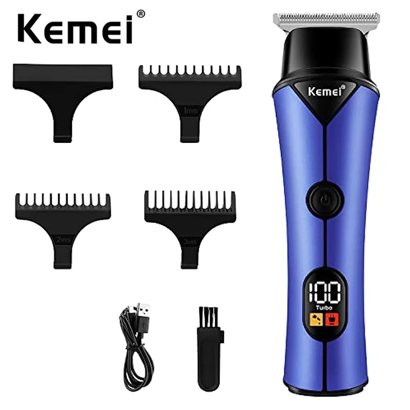 Kemei Men Cordless Hair Trimmer Blue Professional Hair Clippers Barber Hair Cutting Machine USB Rechargeable Cutter Zero Gapped