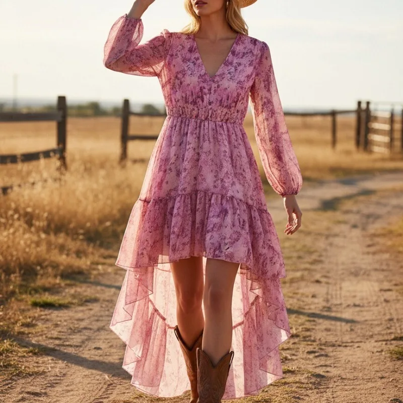 Sukienki damskie w stylu boho z nadrukiem, francuska moda koszulowa, sukienki letnie w kształcie litery A z dekoltem w serek, dopasowane w talii, codzienne ubrania, sukienki damskie z długim rękawem.