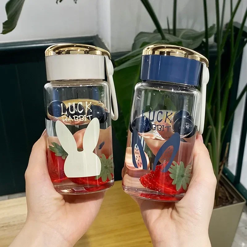 300ml Lucky Letter Glass Mini Simple Fresh Lovely Water Bottle with Cover Rope Small Capacity Portable Heat Resistant Coffee Cup