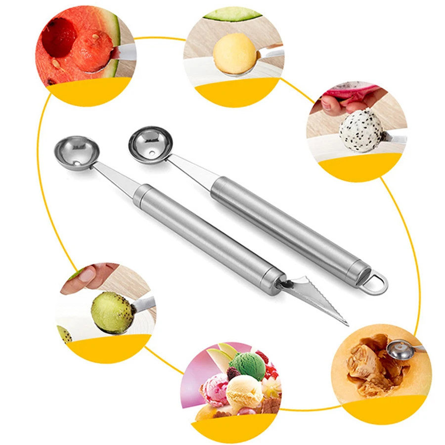2pcs Double-Headed Metal Fruit Baller Spoon Multi-use Fruits DIY Carving Tool for Watermelon Melon Pitaya Easy Scoop for Dessert