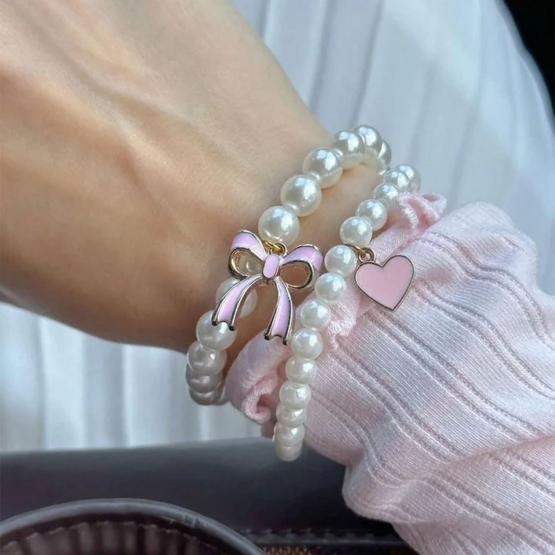 طقم سوار بدلاية وردية الشكل على شكل قلب وقلب ، طراز باليه لطيف ، مطرز باللؤلؤ الصناعي ، مجوهرات قابلة للتمدد ، الموضة ، 2 في كل طقم