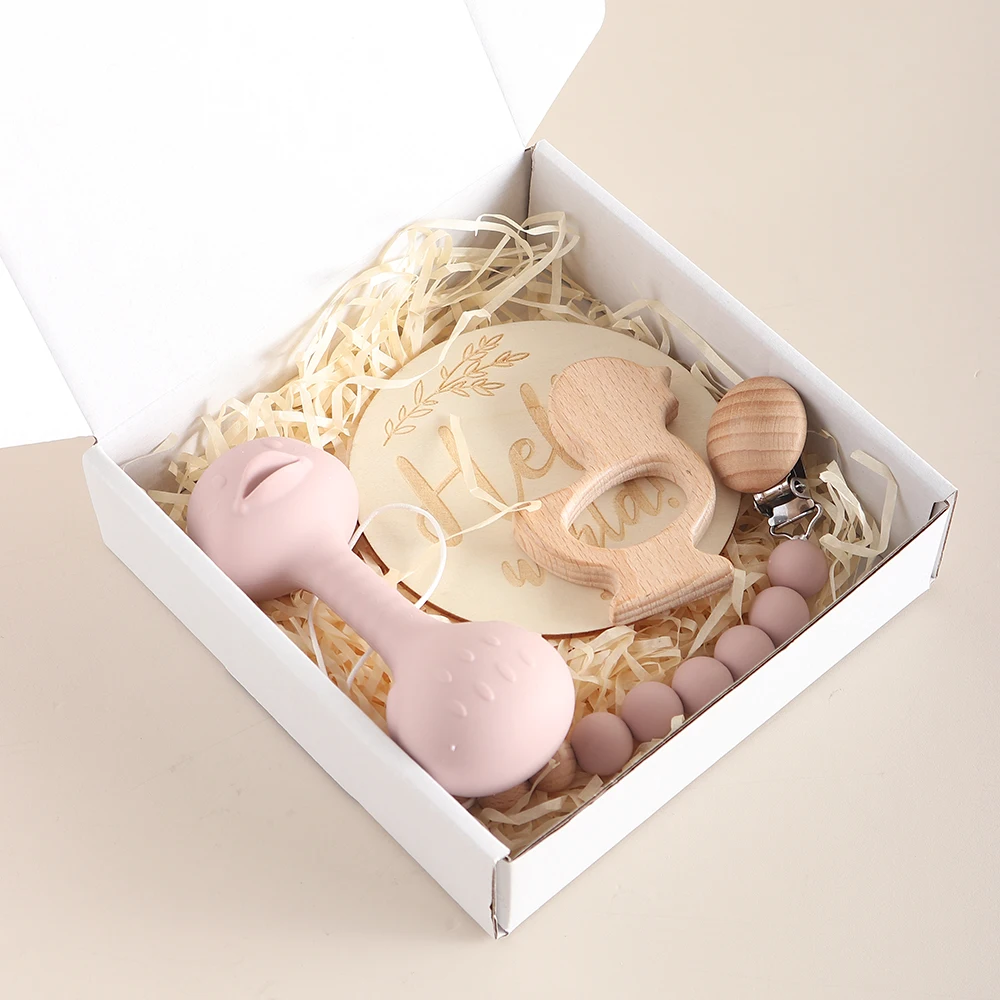 

Baby gift box silicone rattle toy set baby gift set gift box cute duck rattle teether pacifier chain milestone