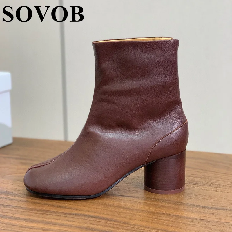 

Autumn Winter New Genuine Leather High Heels British Style Chelsea Boots Women's Split Toe Short Boots Versatile Ankle Botas