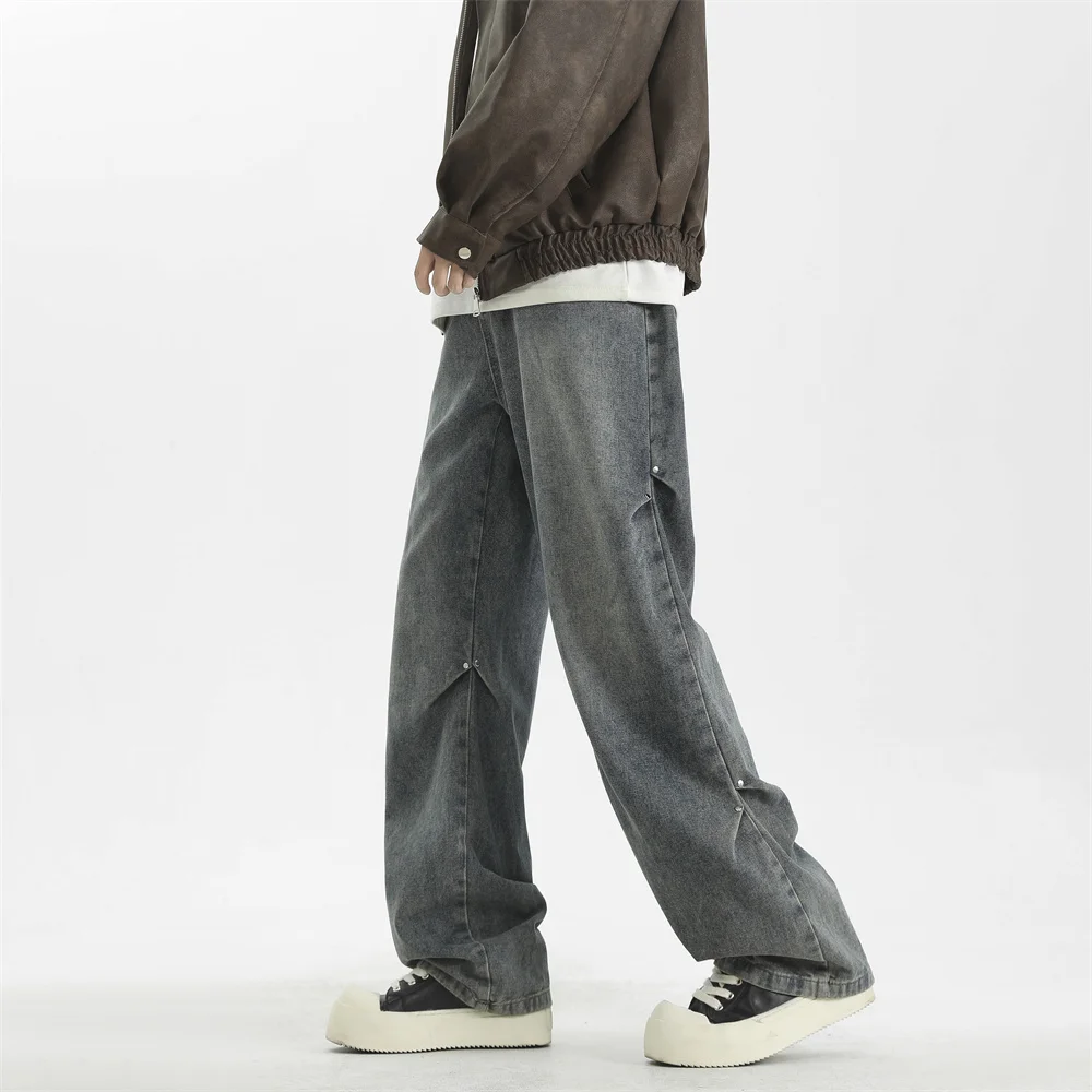 Celana Jeans Baggy Panjang Model High Street untuk Pria, Celana Denim Kasual Kaki Lebar, Celana Jeans Korea Streetwear Longgar Model Straight-leg