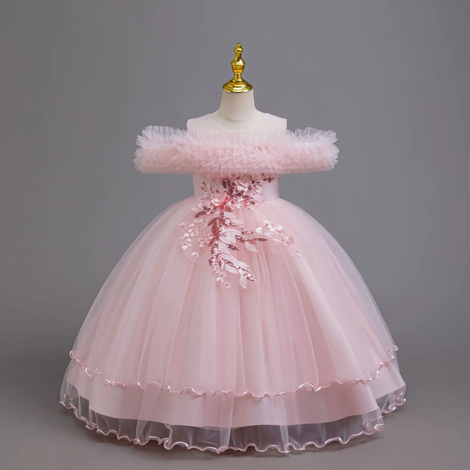 HETISO Kids Puffy Sleeve Tulle Princess Ball Gown Wedding Dress for Flower Girl Birthday Party Pageant Formal Christmas