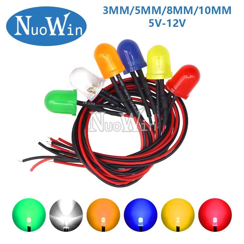 3mm 5mm 8mm 10mm LED 12V 20cm Pre-wired White Red Green Blue Yellow Orange Lamp Decoration Light Emitting Diode