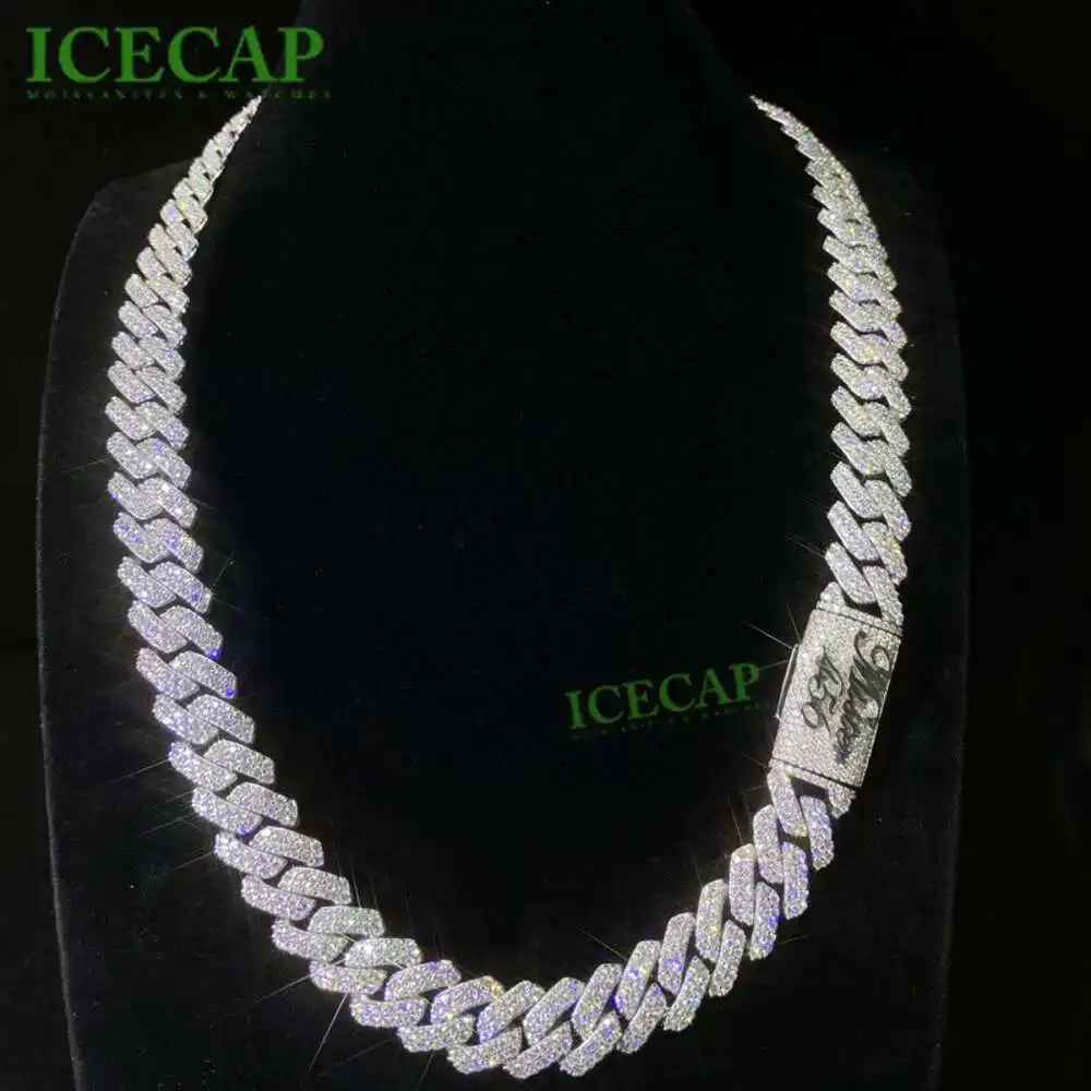 

14mm 2rows White Gold Plated Sterling Silver Cuban Link Chain Iced Out Custom Lock Vvs Moissanite Miami Hiphop Cuban Link Chain