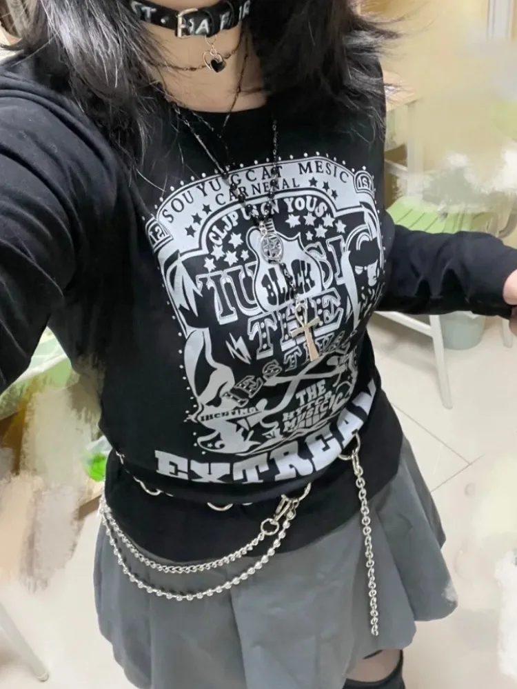 

Y2k Эстетические черные винтажные футболки с буквенным принтом Harajuku Punk Повседневные свободные женские топы Уличная одежда Женские футболки с бриллиантами в стиле гранж