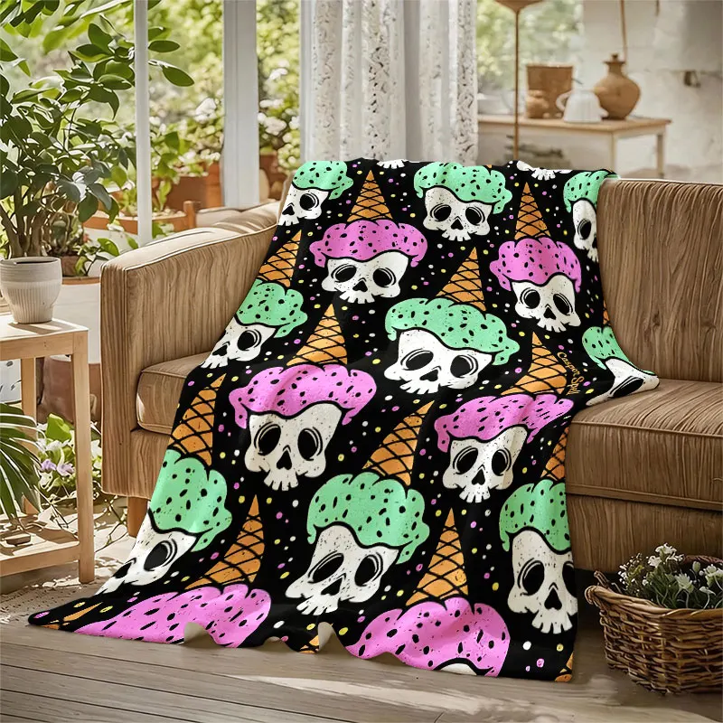 Skull Ice Cream Halloween Flannel Blanket Warm Soft Halloween Christmas Decorative Couch Warm Cozy All-Season Gift