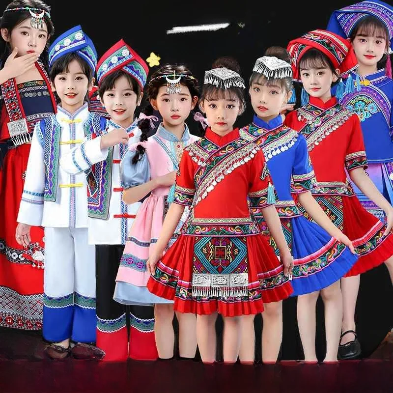 

Детский костюм Минори, наряд для выступлений, женская этническая танцевальная одежда Мяо и Чжуан, традиционная одежда Тай-Фета