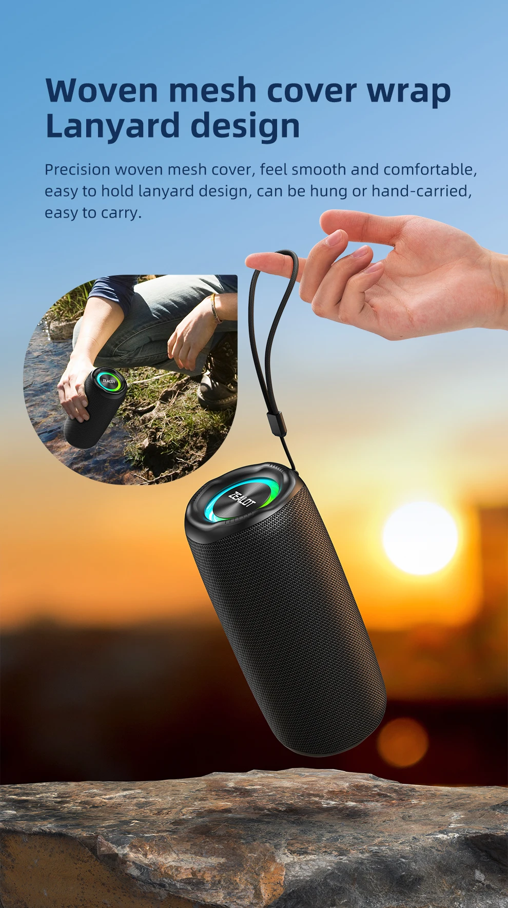 Zealot-MP2 Bluetooth-Lautsprecher, ultra-portabel, bis zu 15 Stunden Spielzeit, IP65 wasserdicht und staubdicht, kraftvoller Klang für den Außenbereich. – Detail 9