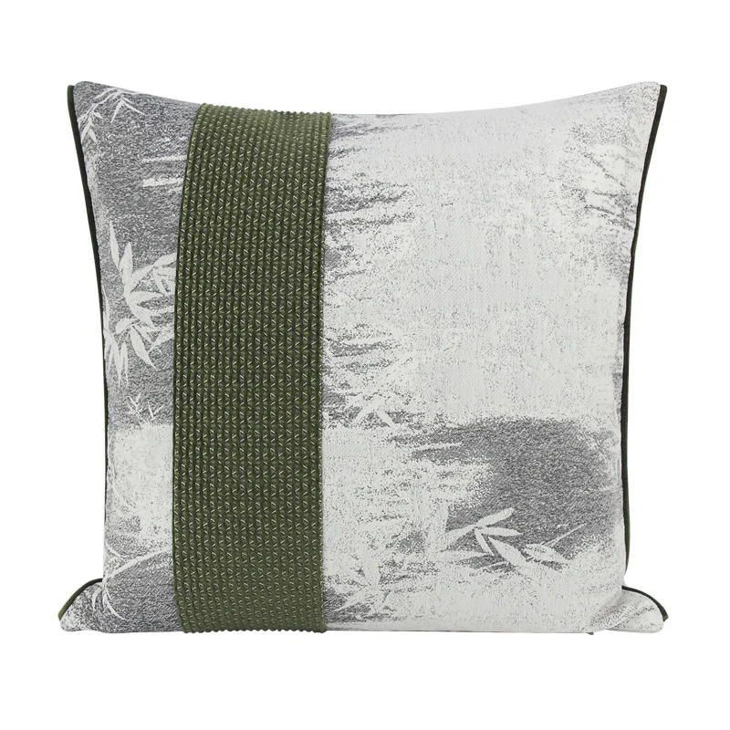 Chinese Bamboo Jacqard Pillows Gray Color Cushion Case Modern Green Stripe Decorative Pillow Cover For Sofa Chair Home Decorate