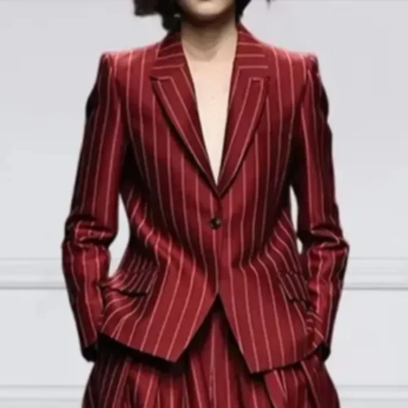 UOOZEE Office Lady Formal Business 2 Piece Sets Striped Long Sleeves Notched Collar Blazer & High Waisted Wide Leg Pants Suits view 6