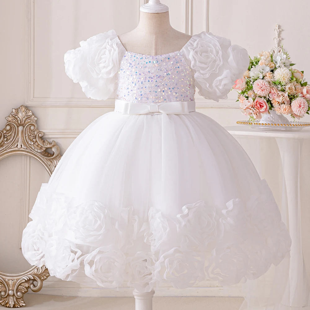 3D Flower Girls Party Princess Dress for Baby Christmas Gown 1-10 Yrs Birthday Bow Tulle Bridemaid Dresses Wedding Kids Clothing