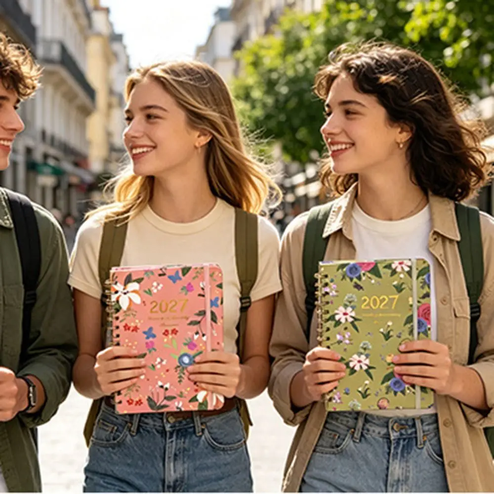 Portable Floral Pattern 2027 Schedule Book To Do List A5 Agenda Book Planner Reminder Textured PU Daily Planner Book Students