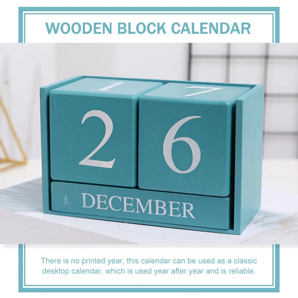 Classic Wooden Block Desk Calendar Four-Sided Month Letters Perpetual Desk Decoration Office Home Living Room Calendar