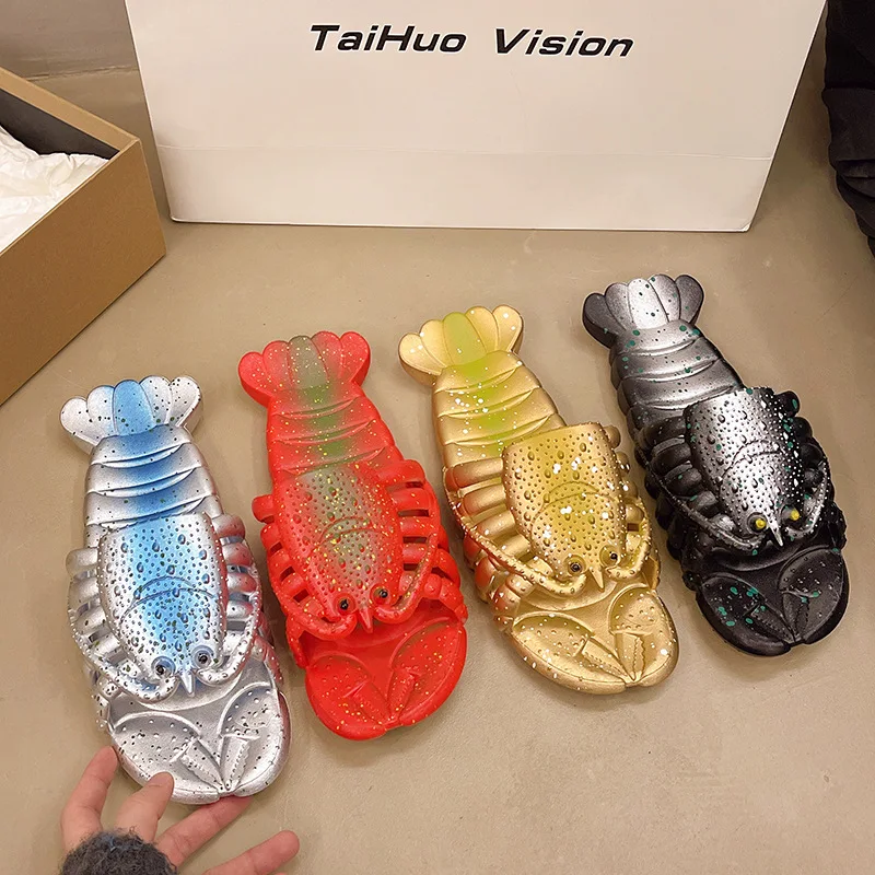 2026 New Funny Cartoon Lobster Slippers Unisex Metal Color EVA Soft Anti Slip Indoor Outdoor Beach Garden Casual Home Slides Big