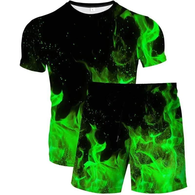 

2025 Summer Fashion 3D Printing Sports Men's and Women's Flame T-shirt and Shorts Set Casual 2piece Set Street Wear Short Sleeve