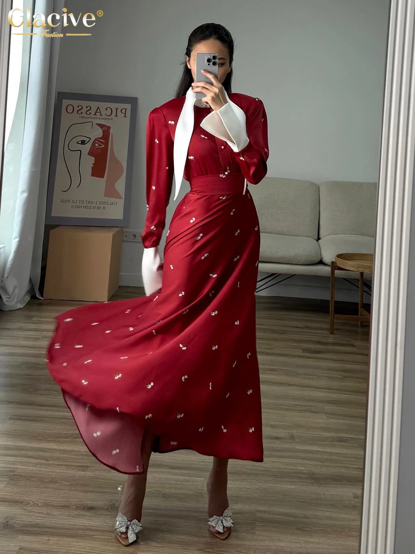 Clacive Fashion Loose Print Women\'s Dress Elegant Lapel Long Sleeve Ankle Length Dresses Casual Classic High Waist Female Dress