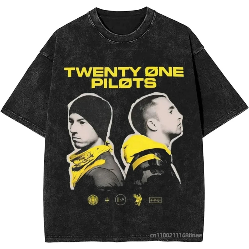 New Men's Street Dance Costume Top 25 Men's Rock Band 21 Pilot Retro Washed T-shirt Street Hip Hop Style Dance Performance Top