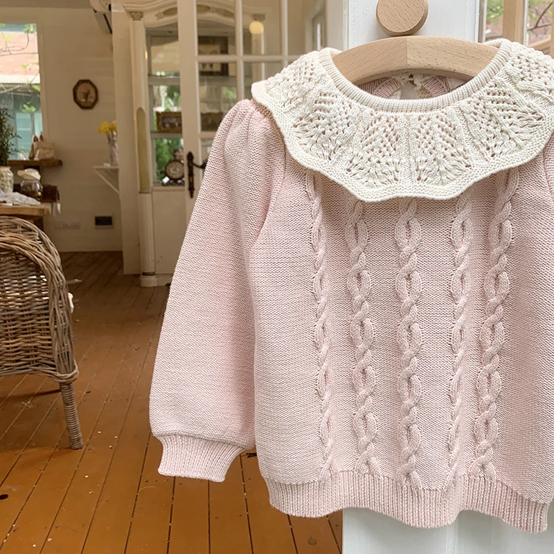 Autumn Winter Sweet Kids Baby Girls Long Sleeve Lace Pullover Sweaters Cute Baby Girl Pure Color Knit Children\'s Sweaters