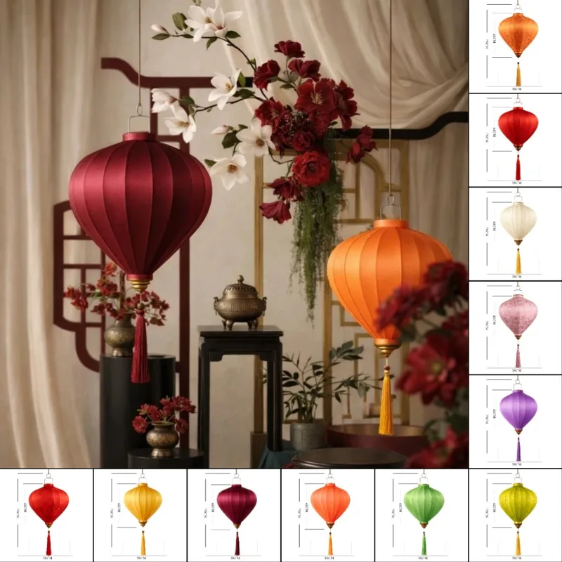 Farol de Seda Satinado de Estilo Oriental Antiguo de 14 Pulgadas, Farol de Palacio Vietnamita, Decoración Colgante para el Festival del Medio Otoño y el Año Nuevo Chino