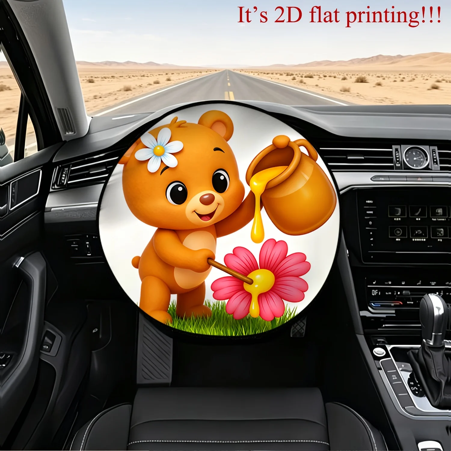 1pc Car Steering Wheel Sunshade Cover With Sweet Little Bear Watering Flowers Print, Suitable For Vehicles, Heat & Shield, Adora