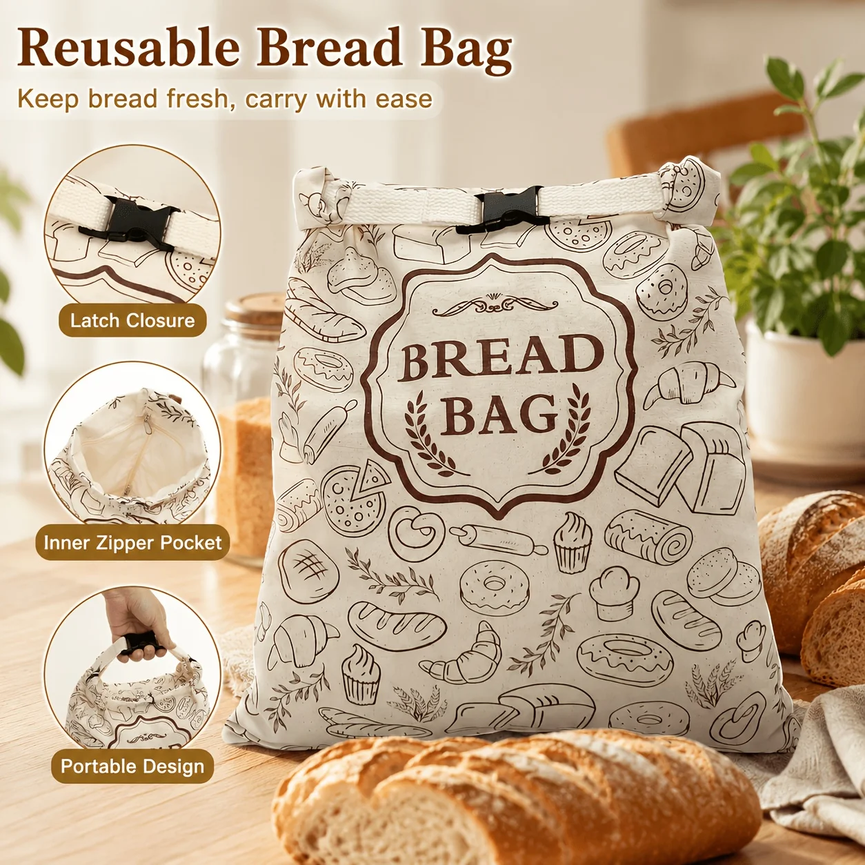 Reusable Beeswax Lined Bread Storage Bag Airtight Snap Buckle Bread Keeper for Homemade Sourdough Toast Loaf Bakery Storage