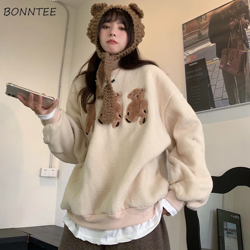 

Sweatshirts Women Fleece Kawaii Bear Cartoon Embroidery Winter Teens Warm Trendy Korean Style Daily O-neck Young Soft Leisure