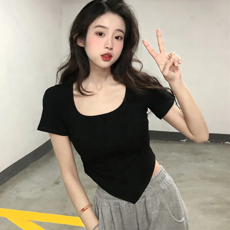 New Lady Summer Square-neck Short Sleeve Woman Student Fitted Top Girl Sports Street Dance Outer T-shirt Women Casual Base Shirt