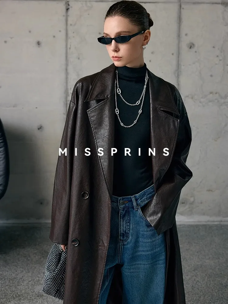 

Lautaro Autumn Long Retro Distressed Shiny Pu Leather Trench Coat for Women Sashes Double Breasted Luxury European Fashion 2025