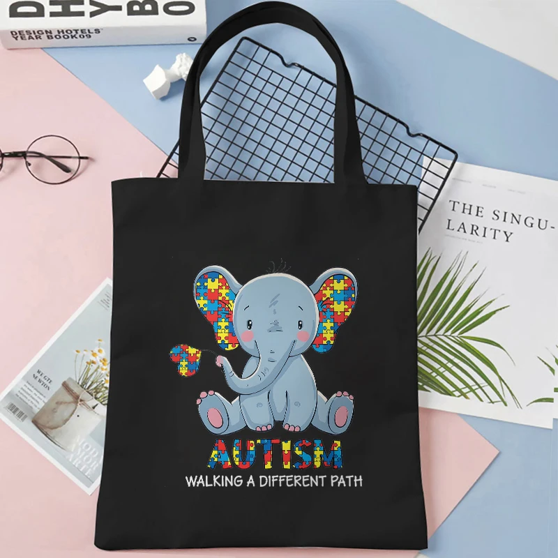 Borse di tela per la consapevolezza dell\'autismo per le donne borsa a mano elefante Design borsa per la spesa a tracolla di grande capacità per la