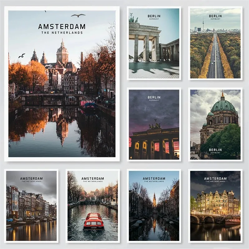 Europe Cities Travel Poster Canvas Printing Amsterdam Berlin City Travel Wall Art Picture European Cities Photos Wall Decoration