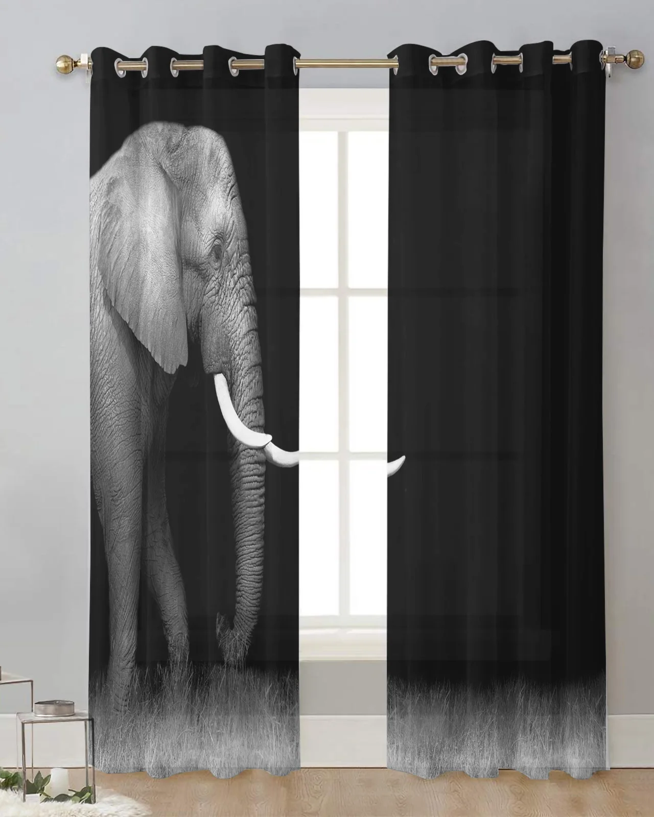 Animal Elephant Grass Sheer Window Curtains Bedroom Living Room Tulle Curtains Voile Drapes for Kitchen