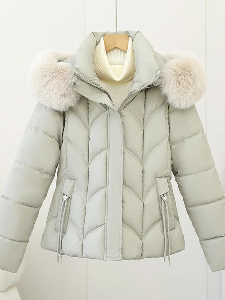 Casaco Feminino de Inverno com Forro de Algodão, Ajuste na Cintura, Gola de Pele Destacável, Estilo Casual para o Dia a Dia