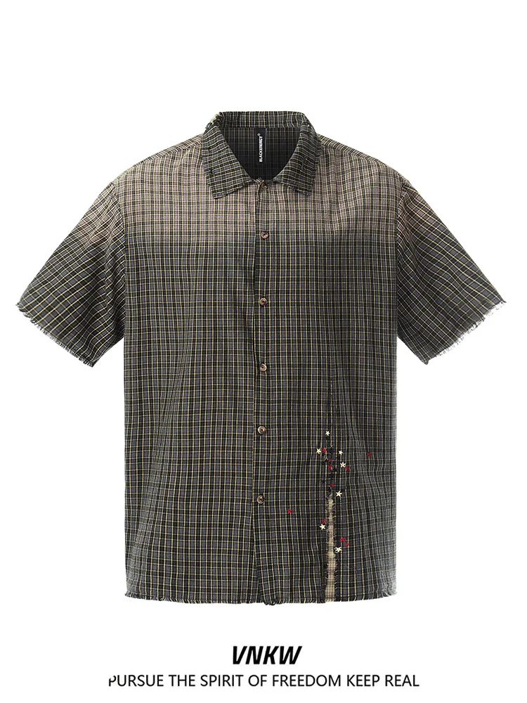 

Cleanfit Plaid Short Sleeve Shirt Unisex Loose Fit Star Embroidery Casual Style Spring Summer Cotton Blend Youth Fashion