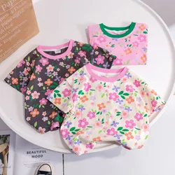 Girls T-Shirts Summer Short Sleeve Round Neck Floral Print Tees Toddler Kids Casual Thin Tops 1-6Years