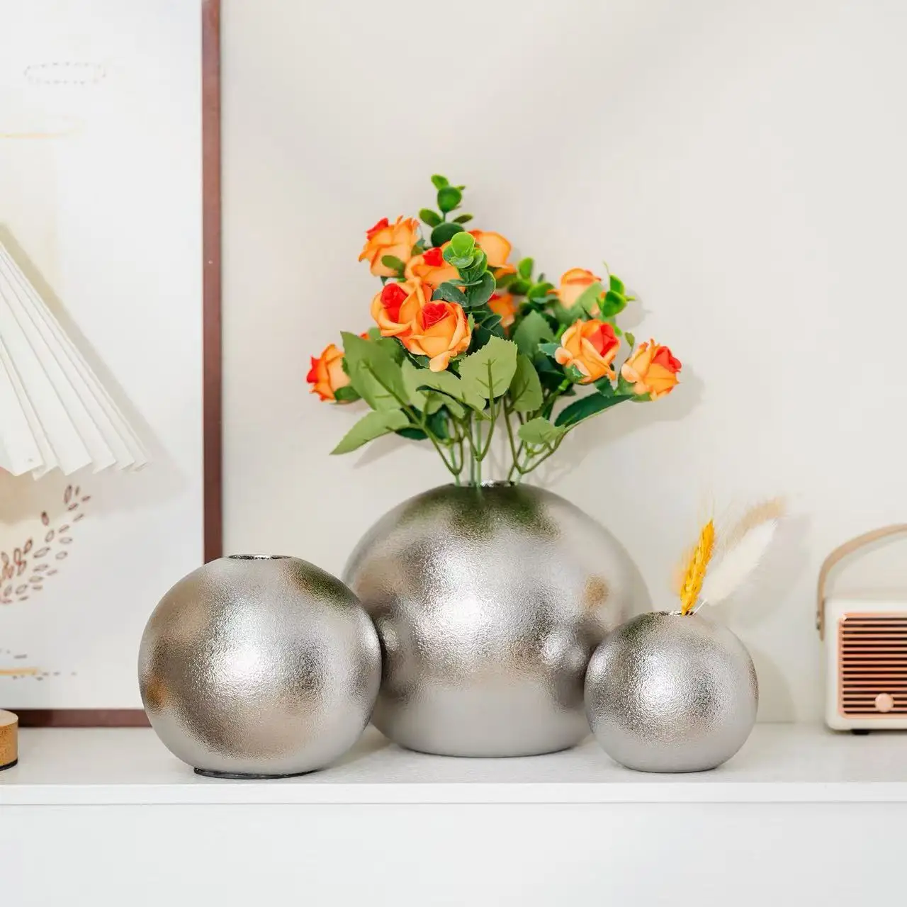 Golden Spherical Ceramic Vase Geometric Circular Flower Vase Hydroponic Flower Pot Sanded Gold Ball Home Decoration Accessories