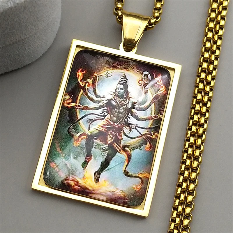 인도 힌두교 시바 직사각형 유리 펜던트 목걸이 남녀용 스테인리스 스틸 골드 컬러 체인 힌두교 부적 장신구