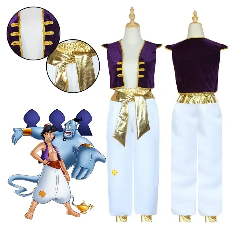 Ragazzi Principe mitico Aladin Carnevale Cosplay Outfit Festa di Halloween Principe arabo Gioco di ruolo Gilet Gilet Top + Pantaloni con cintura