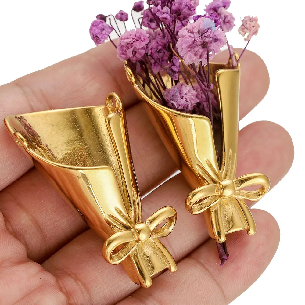 2pcs Bouquet Gold Flower Charms Pendant Connector DIY Jewelry Making Supplies with Double Loops Necklace Craft Bulk Wholesale