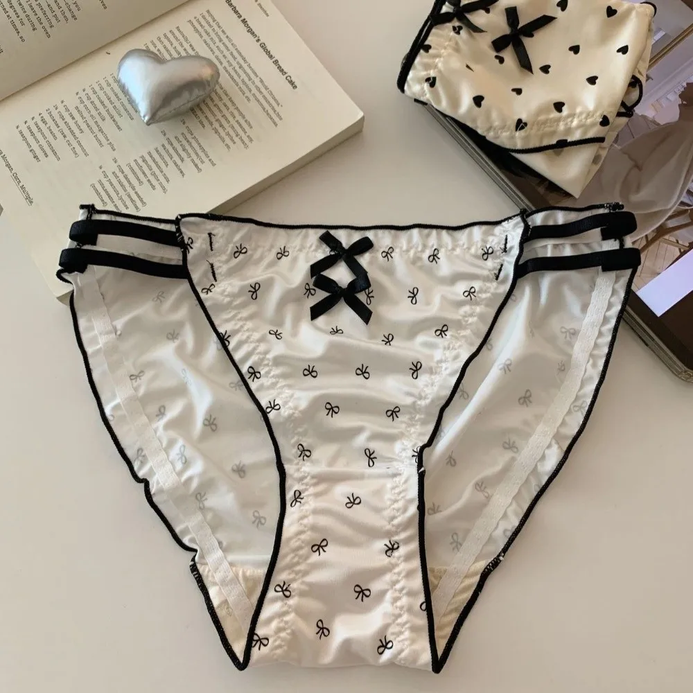 Lingerie Ruffle Satin Silk Panties Love Heart Leopard Print Underwear for Women Low Waist Hollow Sweet Bow Briefs Lady