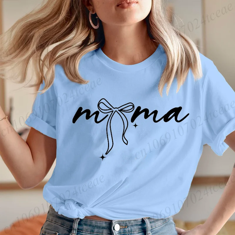 

Летние модные футболки с кокеткой и бантом, футболки с принтом «Мама», футболка с короткими рукавами, одежда для женщин, футболка большого размера в стиле жизни для мамы