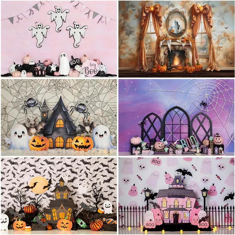 LS Halloween Photography Backdrop Baby Photo Pumpkin Party Cheers Background Spider Web Demon Ghost Skull Decors Photocall