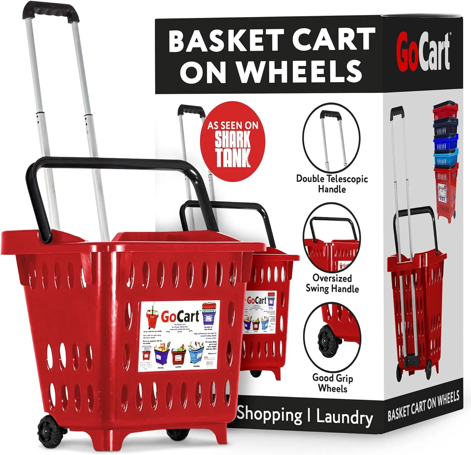 

Red Grocery Cart Shopping Laundry Basket on Wheels, Portable Foldable Rolling Trolley for Home and Market Use
